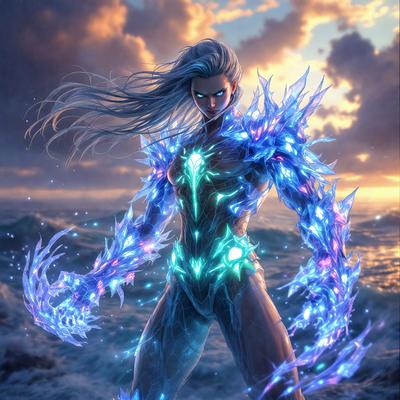The primary subject of the image is a woman with long blonde hair, dressed in a futuristic outfit. She is standing on a beach, with the ocean in the background. The visual style of the image is digital art, featuring a blue and purple color scheme that gives the scene a futuristic and otherworldly atmosphere.